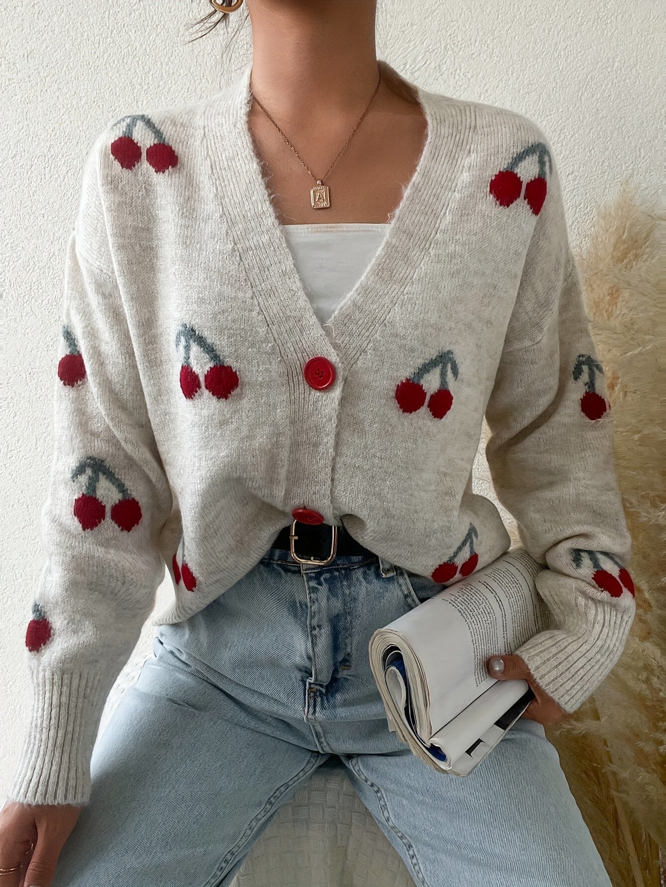 Elegant Cherry Pattern Knit Cardigan for Women - Soft Acrylic Blend, Open Front, Long Sleeve, Cozy Autumn Style with Red Cherry Design on White Background, Cherry Decor